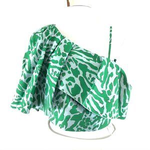 Vika Gazinskaya Crop Top One Shoulder Draped Animal Print Blue Green 34 US 2